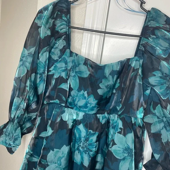 Teal Blue Floral Chiffon Babydoll Dress Square Neck M - Picture 2 of 7